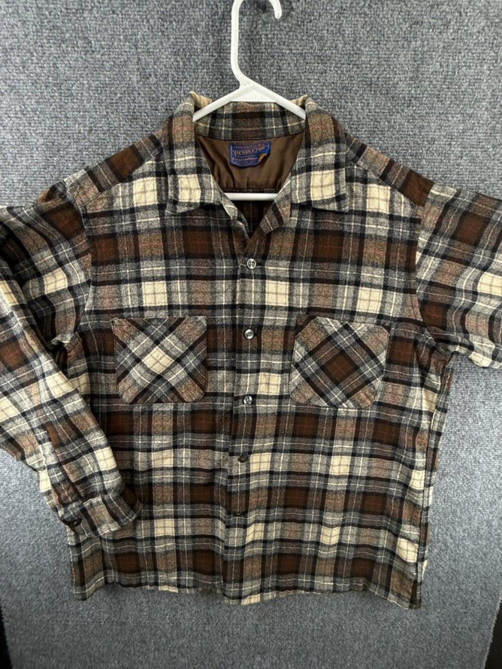 VTG Pendleton Virgin Wool Button Up Shirt Large Plaid Brown 60s 70s Soft Adult